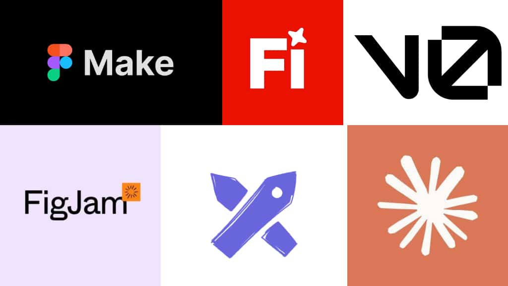 Six logos in a 3x2 grid representing design tools, including Make and Figma (FigJam shown in bottom-left).