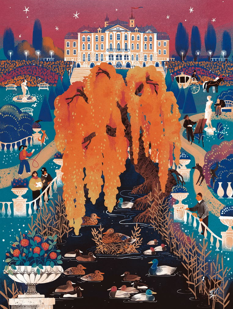 A vibrant garden scene surrounding a large willow, stream, and ducks