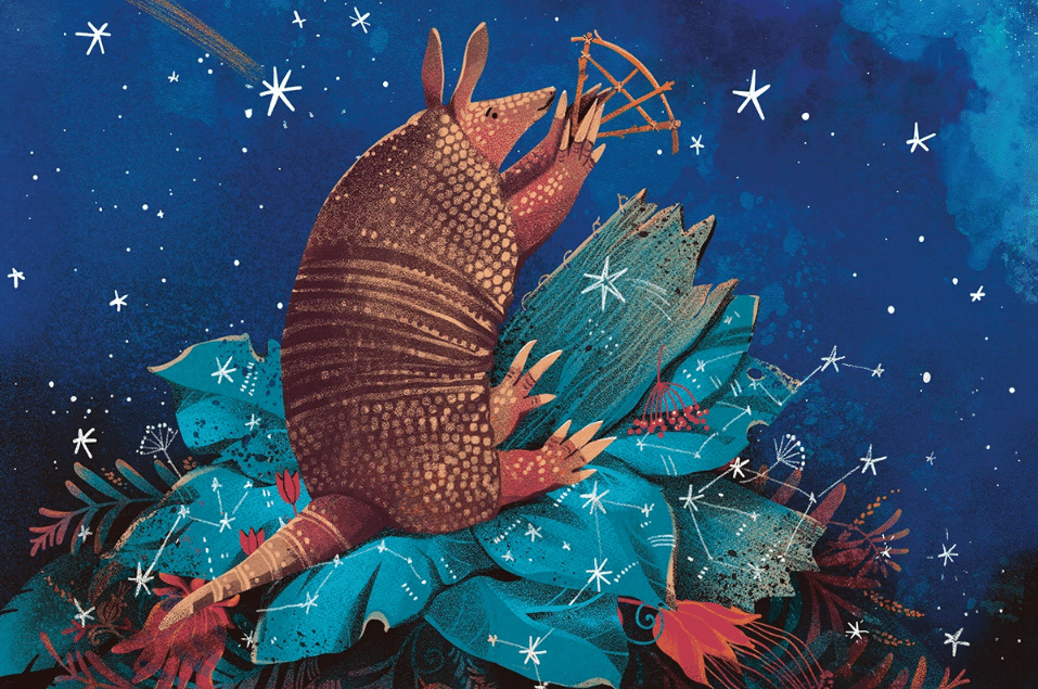 dreamy depiction of an armadillo measuring the distance between stars