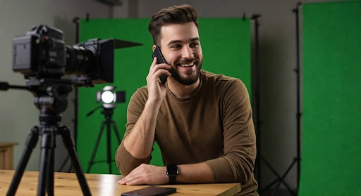 Freelance filmmaker on phone