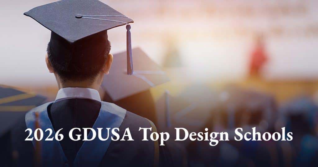 Back view of a graduate in cap and gown, with the text '2016 GDUSA Top Design Schools' overlaid on the image.