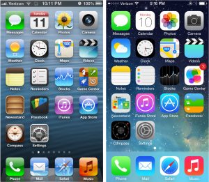 Left: iOS 6 interface. Right: iOS 7 interface.