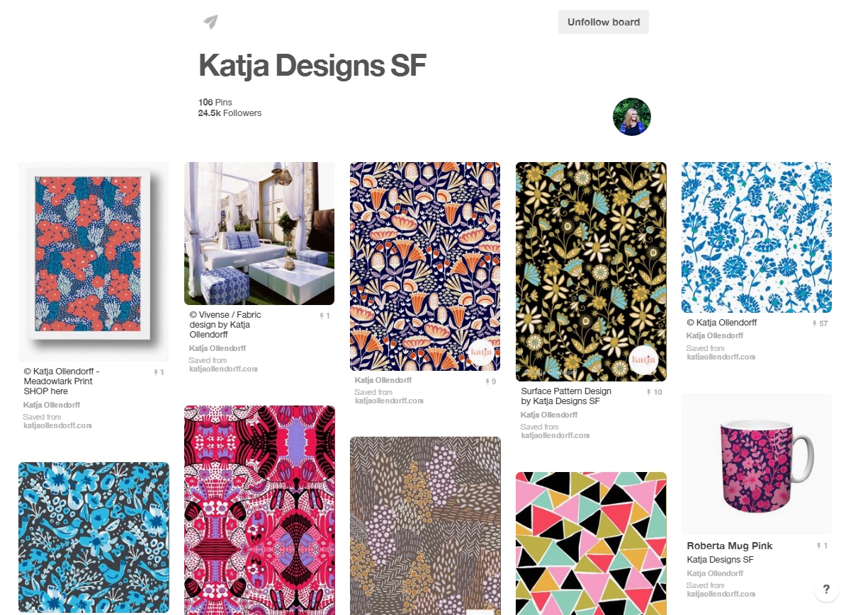 Designer Katja Ollendorf's board of her pattern design work at https://www.pinterest.com/katjao/katja-designs-sf/