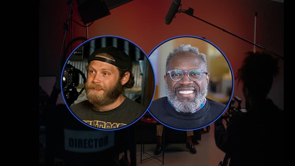 Two circular crew portraits on a film set: a bearded man with a cap on the left and a smiling man with glasses on the right, behind production gear.