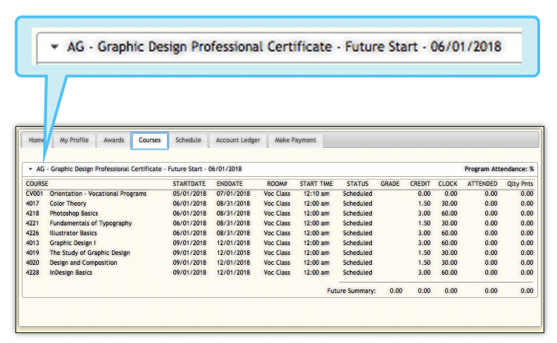 Student portal, program and start date