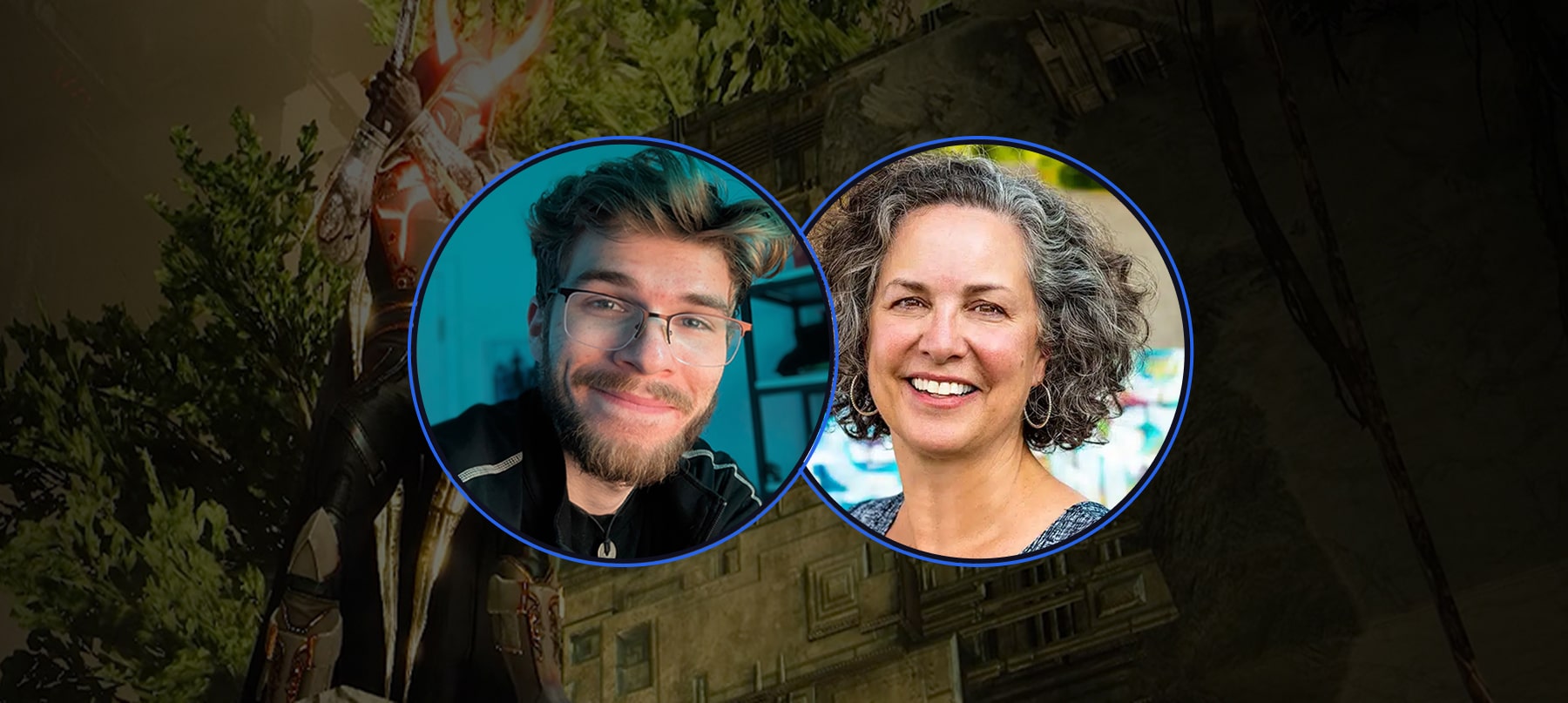 Two smiling people in circular frames overlapping on a dark backdrop: a man with glasses on the left and a woman with curly gray hair on the right.
