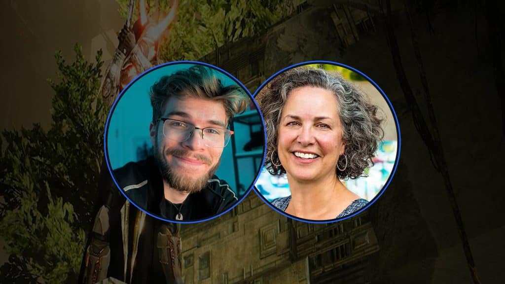 Two overlapping circular headshots: a man with glasses on the left and a smiling woman with curly gray hair on the right.